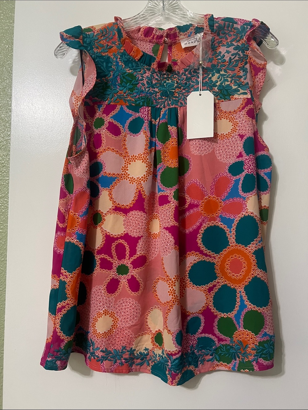 Wonder Nation Floral Embroidered Sleeveless Tank Top - Teal & Pink
